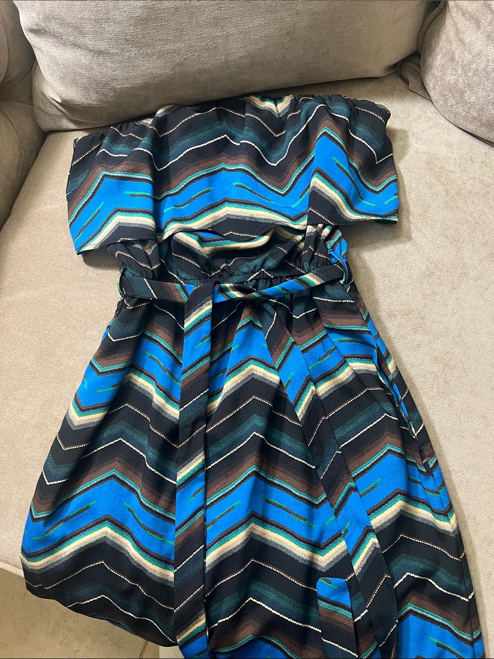 Veronica M Black and Blue Chevron Strapless Dress Large